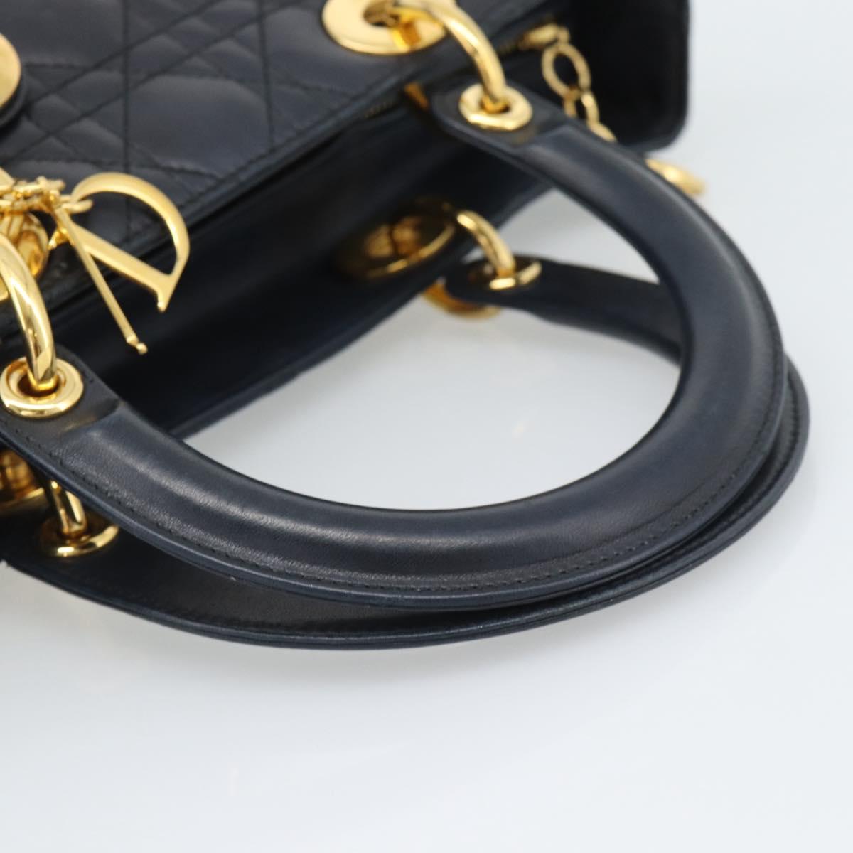 Christian Dior Lady Dior Canage Hand Bag Lamb Skin Black Gold Auth 194778V