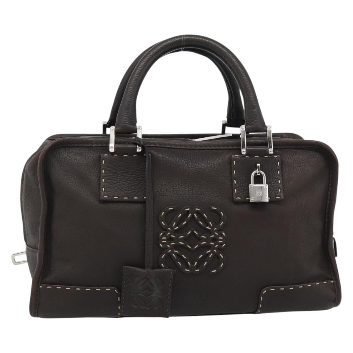 LOEWE Americana 28 Hand Bag Leather Dark Brown Silver Auth 194782SAM