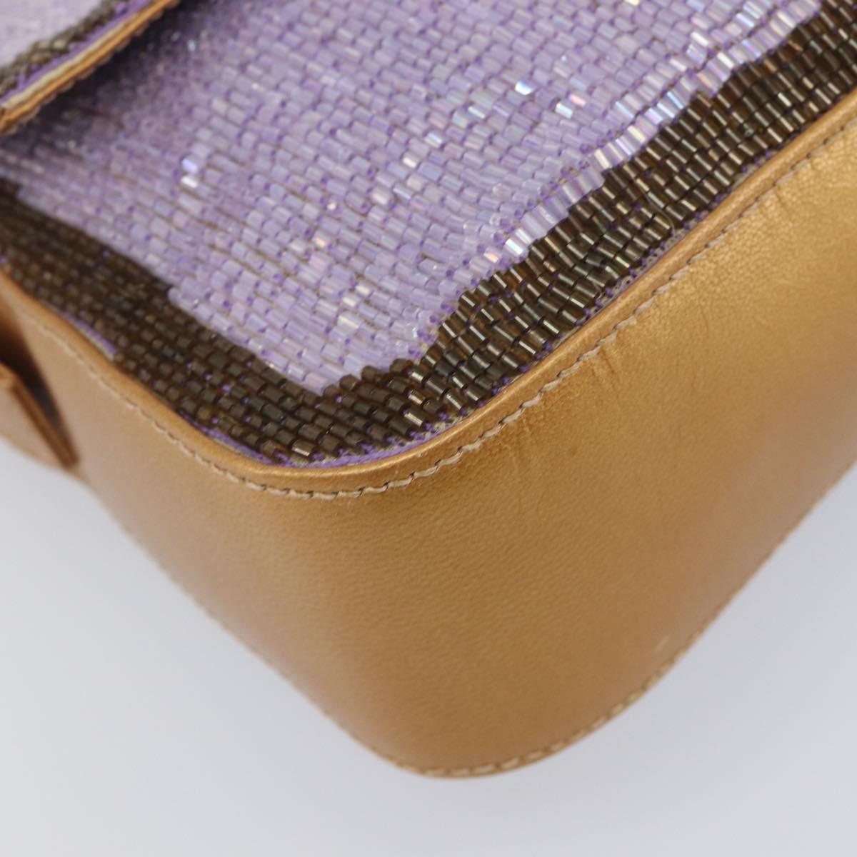 FENDI Mamma Baguette Shoulder Bag Leather Beads Purple Gold Auth 194784SM