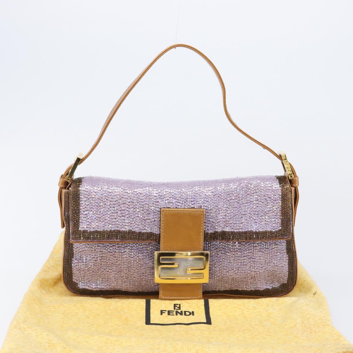 FENDI Mamma Baguette Shoulder Bag Leather Beads Purple Gold Auth 194784SM