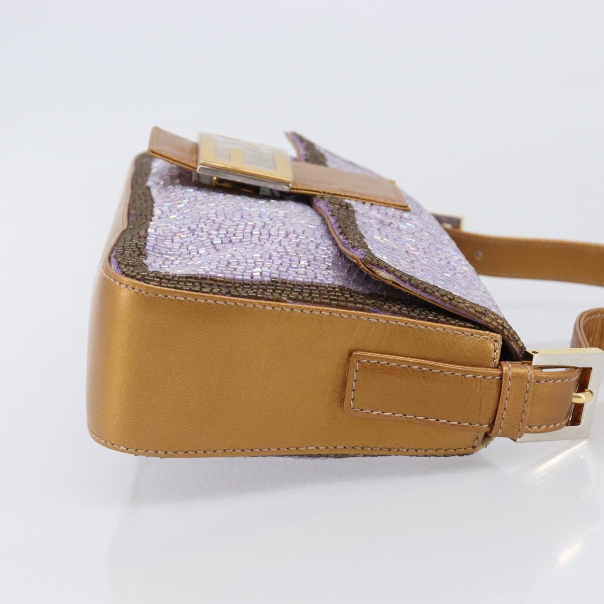 FENDI Mamma Baguette Shoulder Bag Leather Beads Purple Gold Auth 194784SM