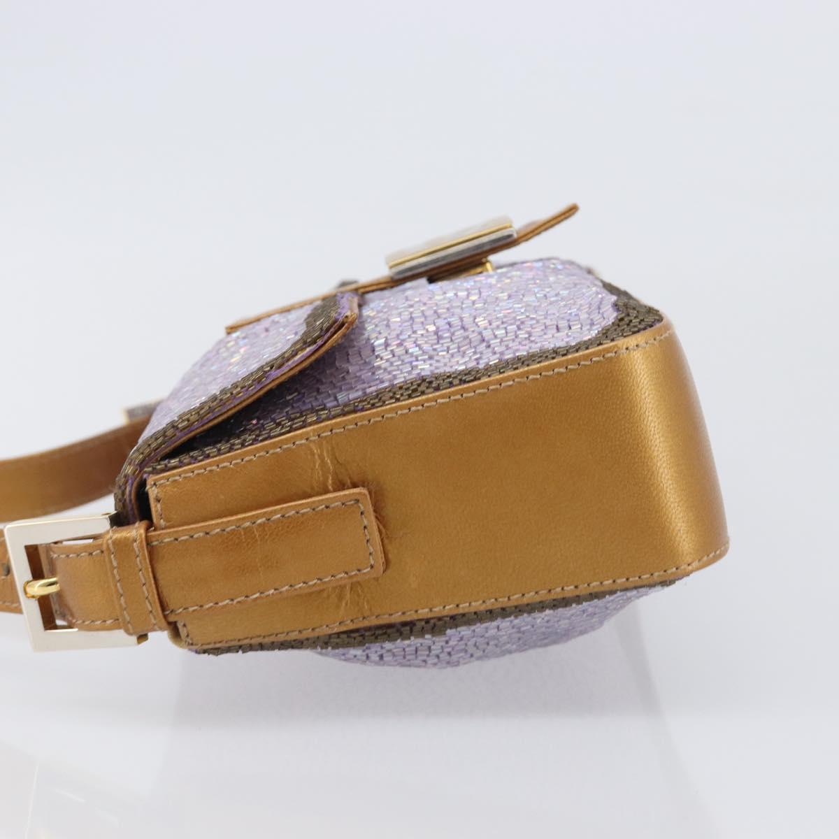 FENDI Mamma Baguette Shoulder Bag Leather Beads Purple Gold Auth 194784SM