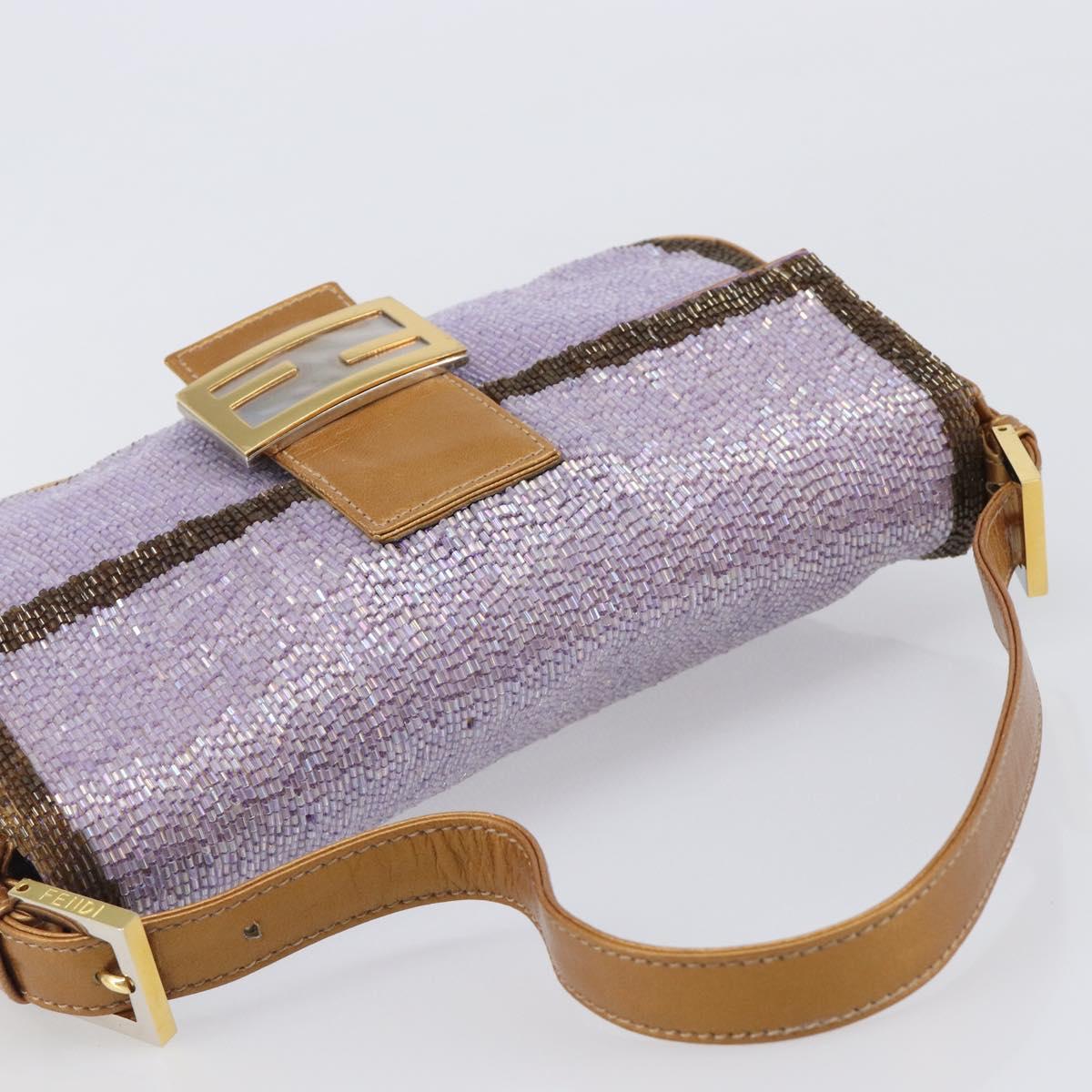 FENDI Mamma Baguette Shoulder Bag Leather Beads Purple Gold Auth 194784SM