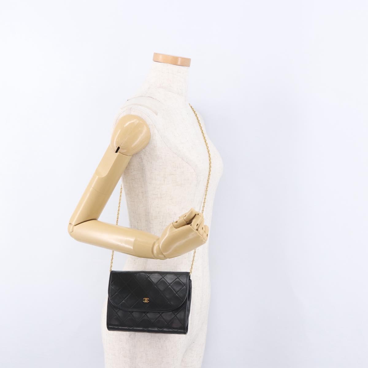 CHANEL Matelasse Chain Shoulder Bag Lamb Skin Black Gold CC Auth 194834A