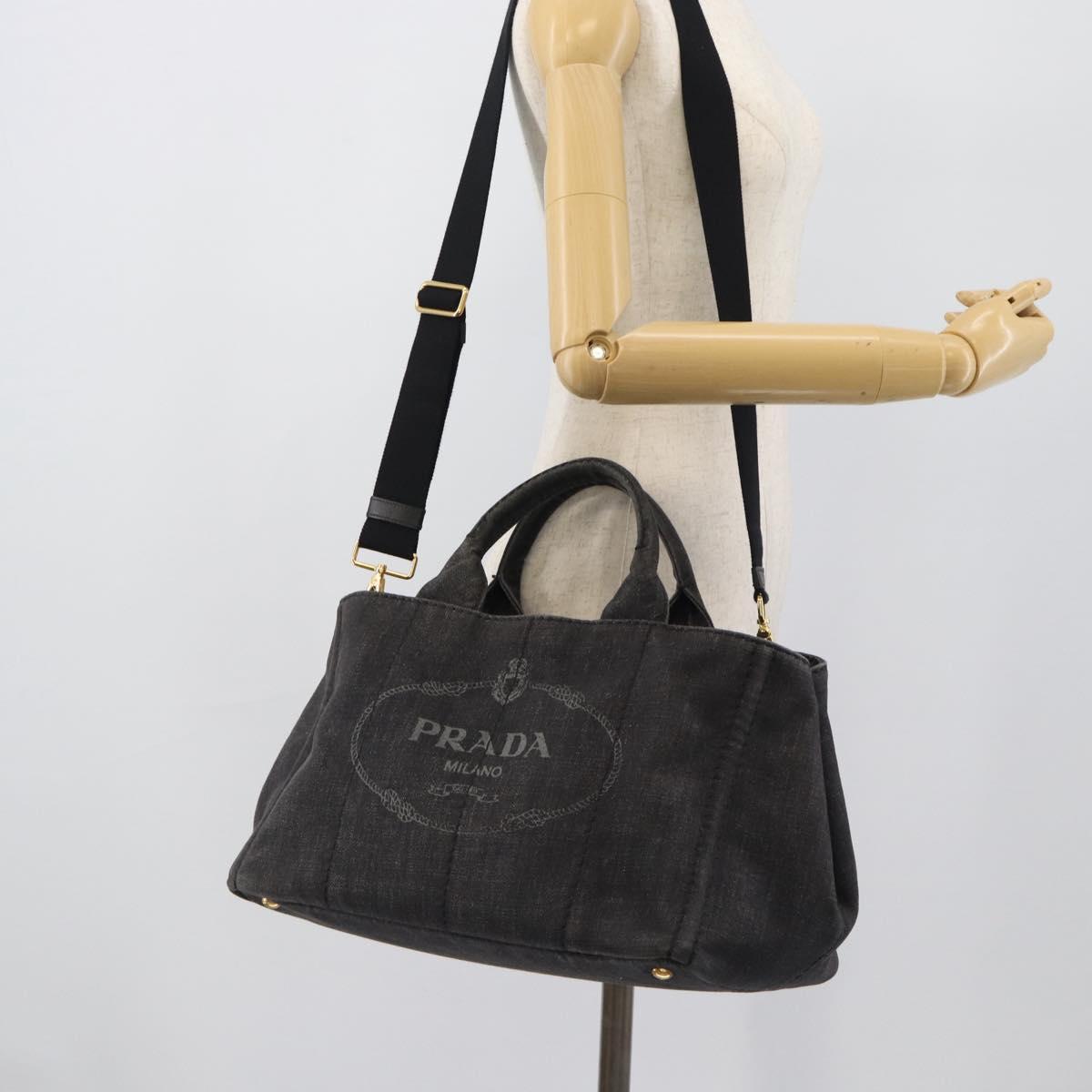 PRADA Canapa MM Hand Bag Denim 2way Black Gold Auth 194841V