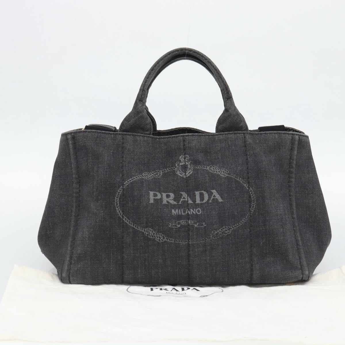 PRADA Canapa MM Hand Bag Denim 2way Black Gold Auth 194841V