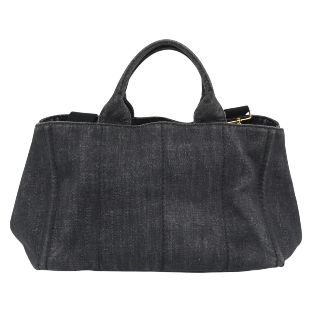 PRADA Canapa MM Hand Bag Denim 2way Black Gold Auth 194841V
