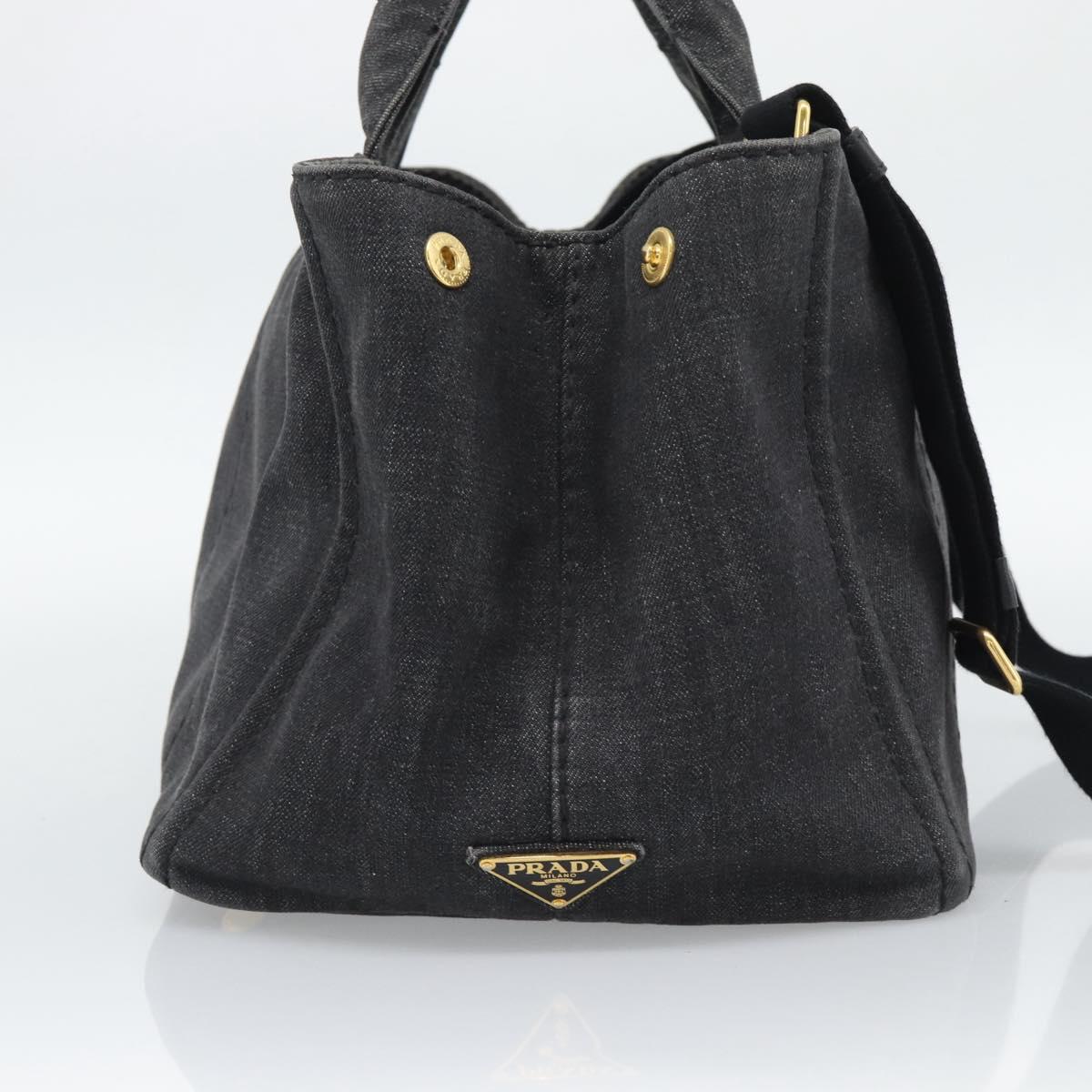 PRADA Canapa MM Hand Bag Denim 2way Black Gold Auth 194841V