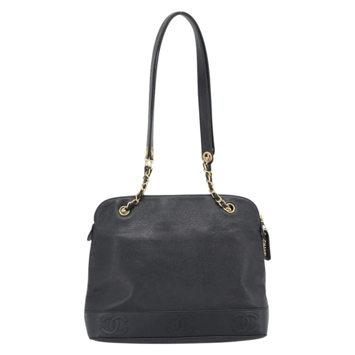 CHANEL Triple Coco Chain Tote Bag Caviar Skin Black Gold CC Auth 194844V
