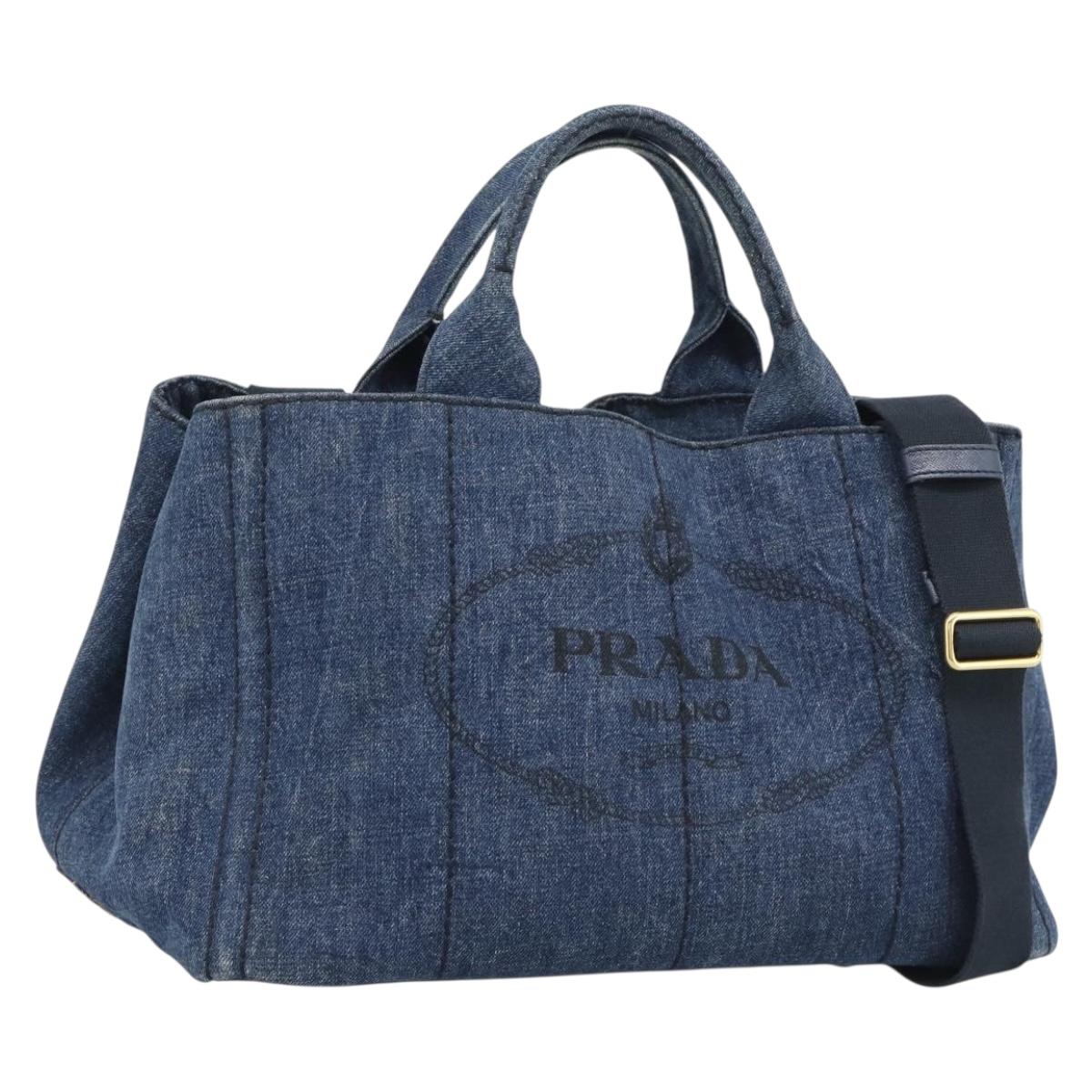 PRADA Canapa M Hand Bag Denim 2way Blue Gold Auth 194845V
