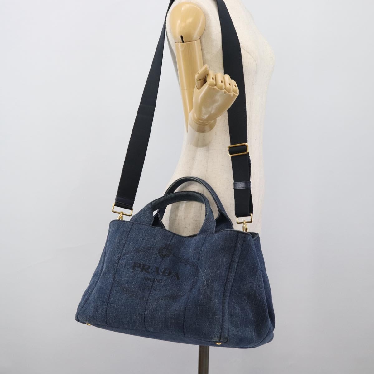 PRADA Canapa M Hand Bag Denim 2way Blue Gold Auth 194845V