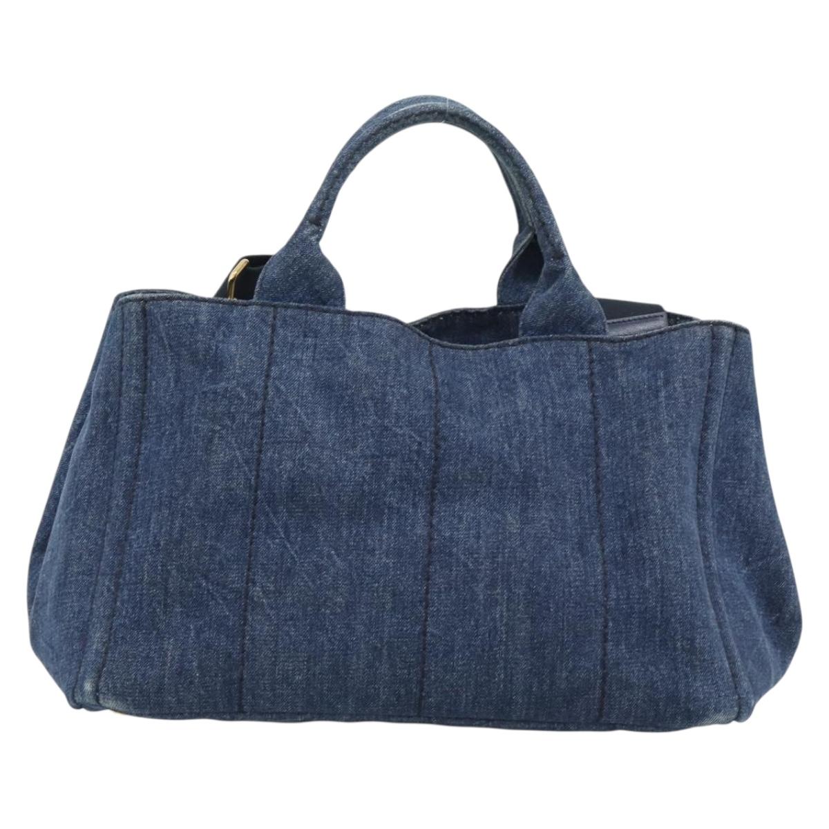 PRADA Canapa M Hand Bag Denim 2way Blue Gold Auth 194845V