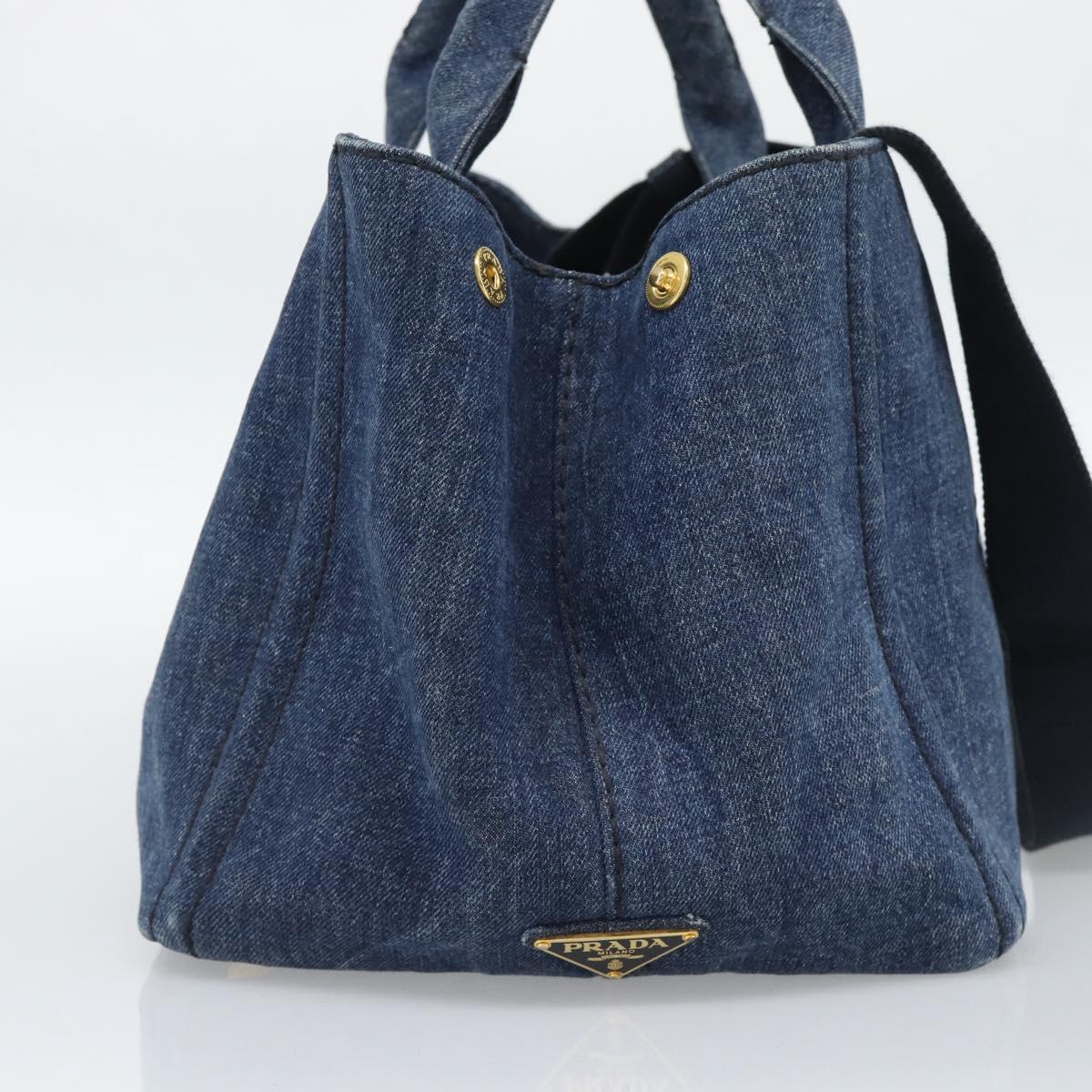 PRADA Canapa M Hand Bag Denim 2way Blue Gold Auth 194845V