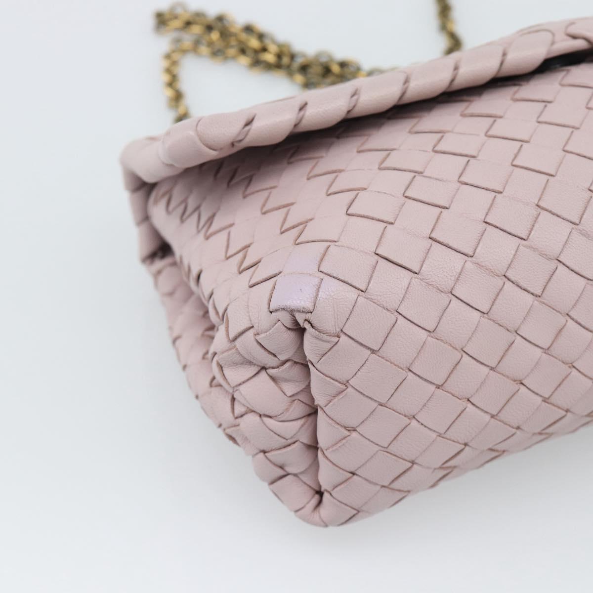 BOTTEGA VENETA INTRECCIATO Chain Shoulder Bag Leather Pink Gold Auth 194846V