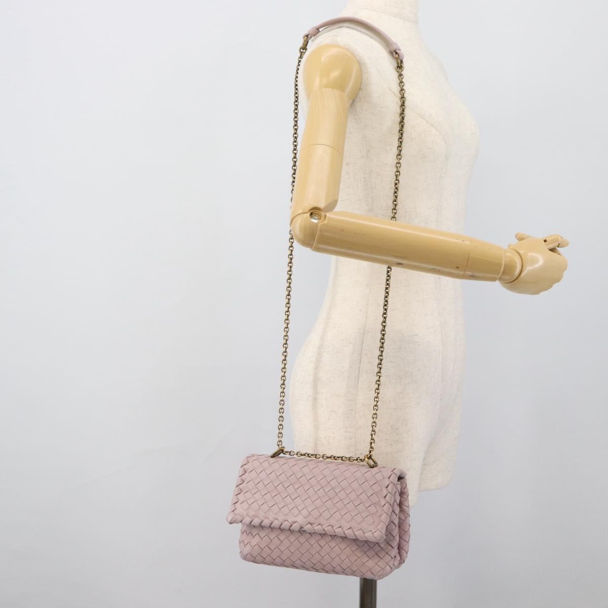 BOTTEGA VENETA INTRECCIATO Chain Shoulder Bag Leather Pink Gold Auth 194846V
