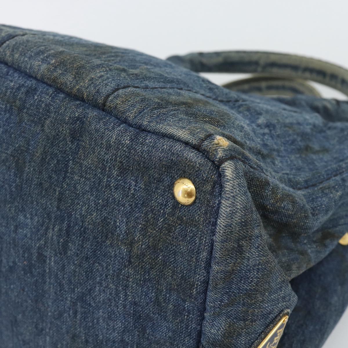 PRADA Canapa MM Hand Bag Denim Blue Gold Auth 194847
