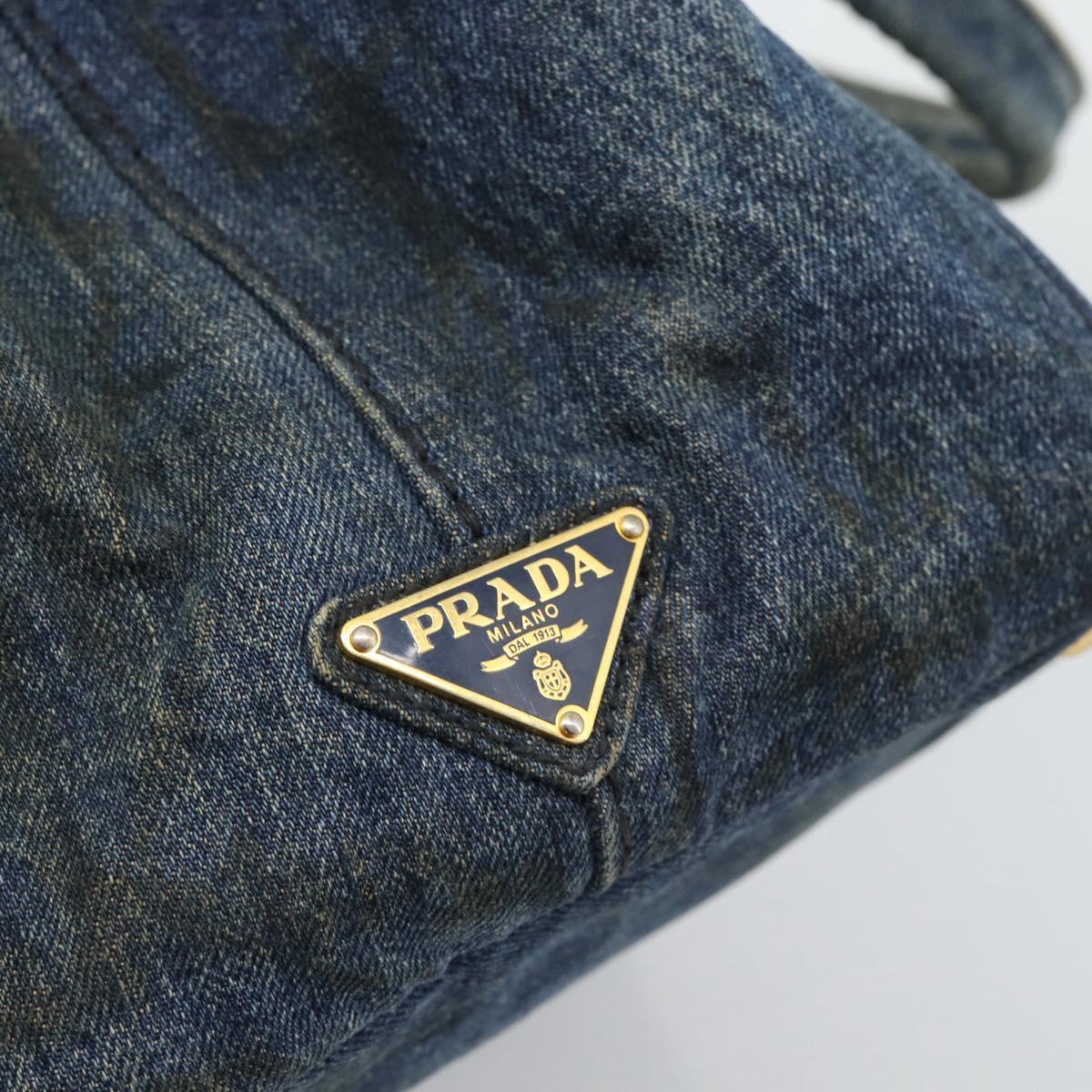 PRADA Canapa MM Hand Bag Denim Blue Gold Auth 194847