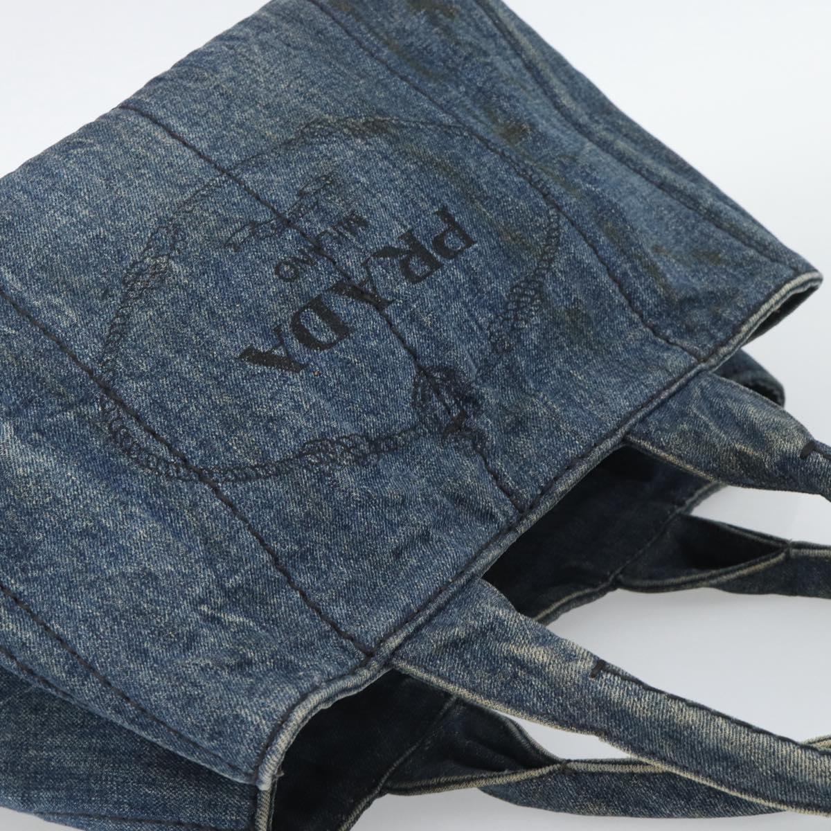 PRADA Canapa MM Hand Bag Denim Blue Gold Auth 194847
