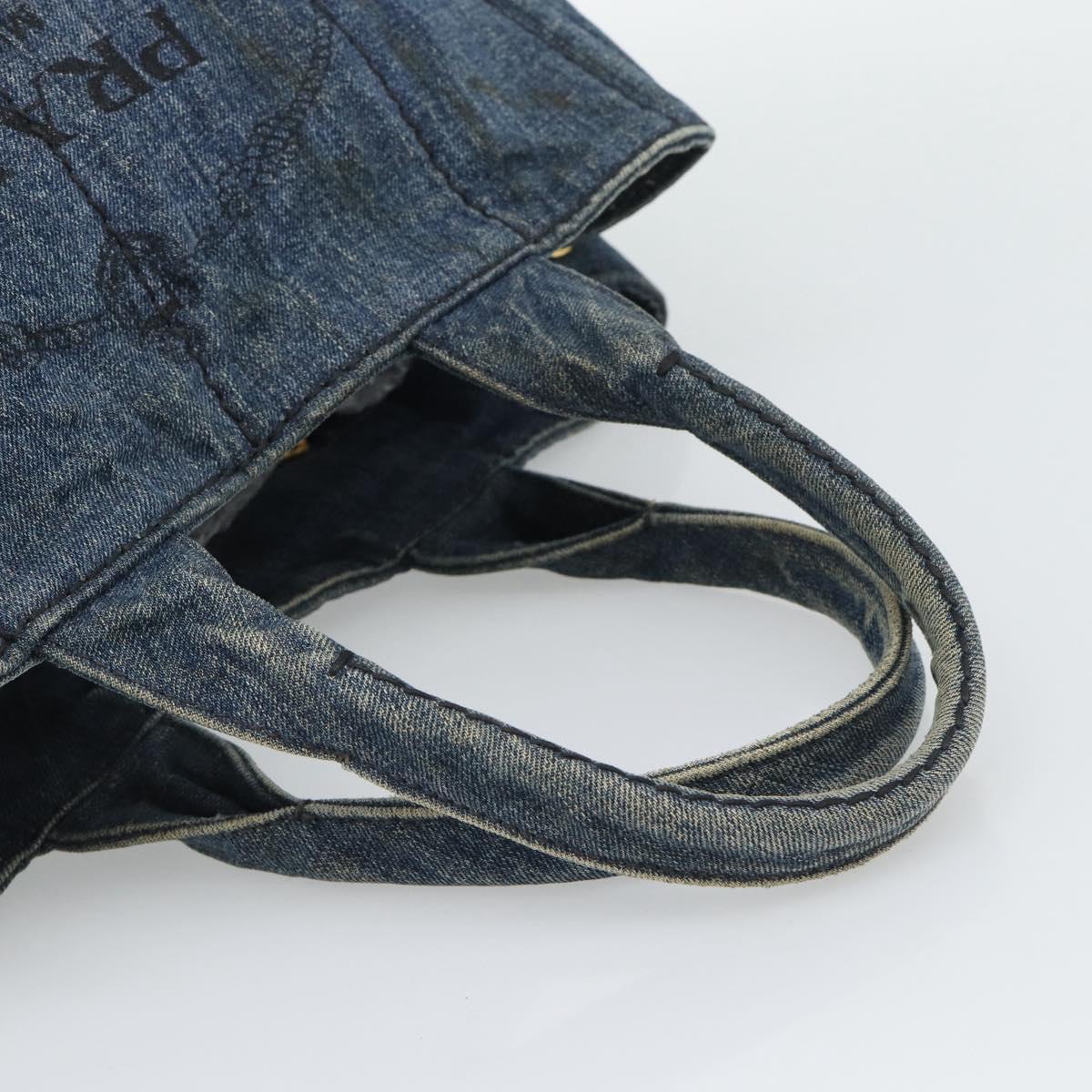 PRADA Canapa MM Hand Bag Denim Blue Gold Auth 194847
