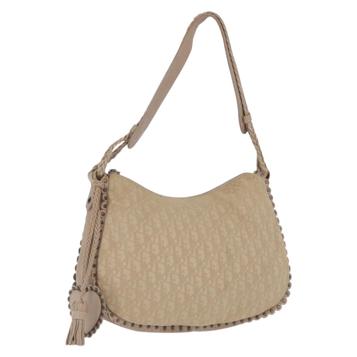 Christian Dior Trotter Canvas Shoulder Bag Beige Silver Auth 194850A