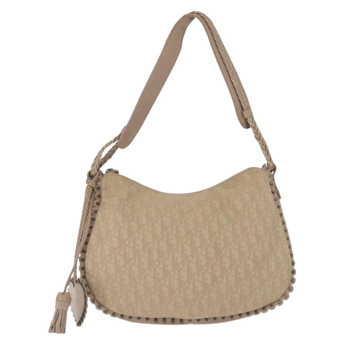 Christian Dior Trotter Canvas Shoulder Bag Beige Silver Auth 194850A