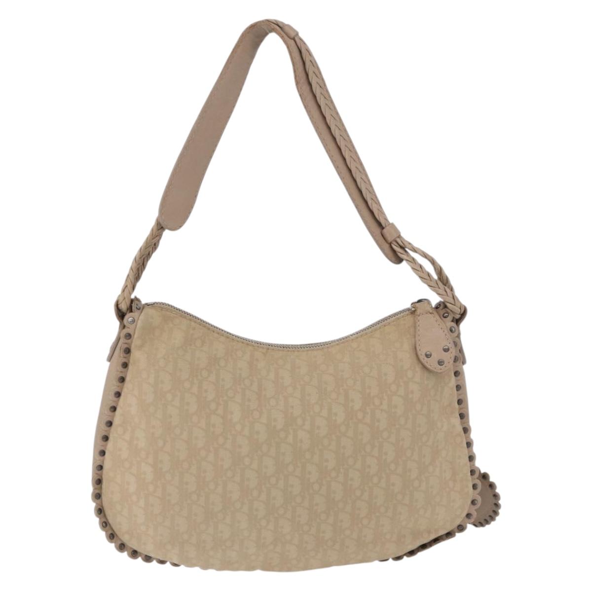 Christian Dior Trotter Canvas Shoulder Bag Beige Silver Auth 194850A