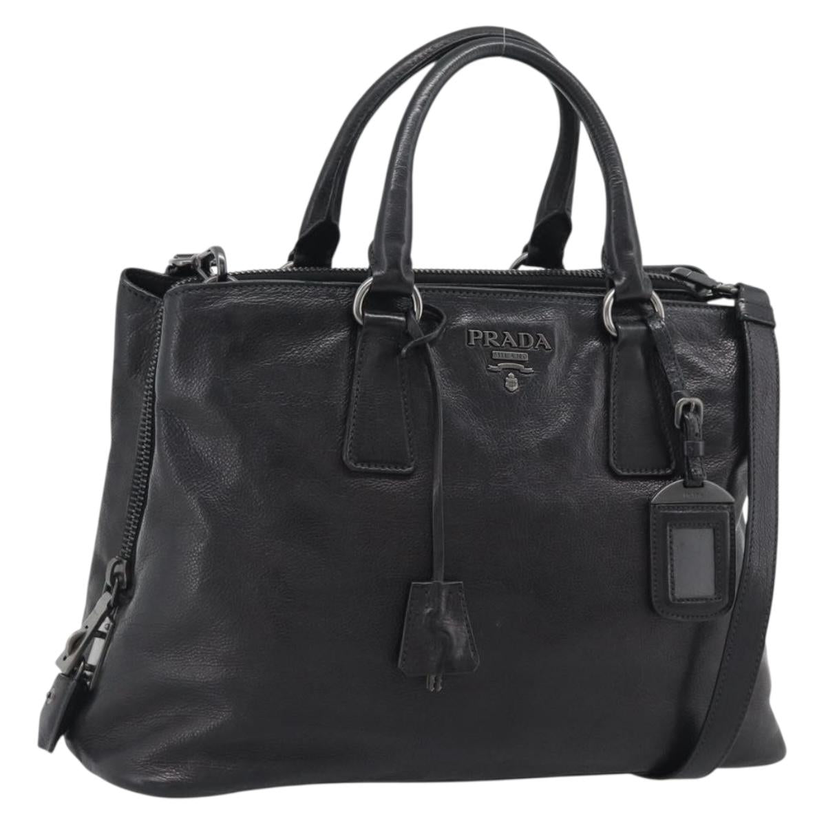 PRADA Hand Bag Vittero Dino Leather 2way Black Silver Auth 194854V