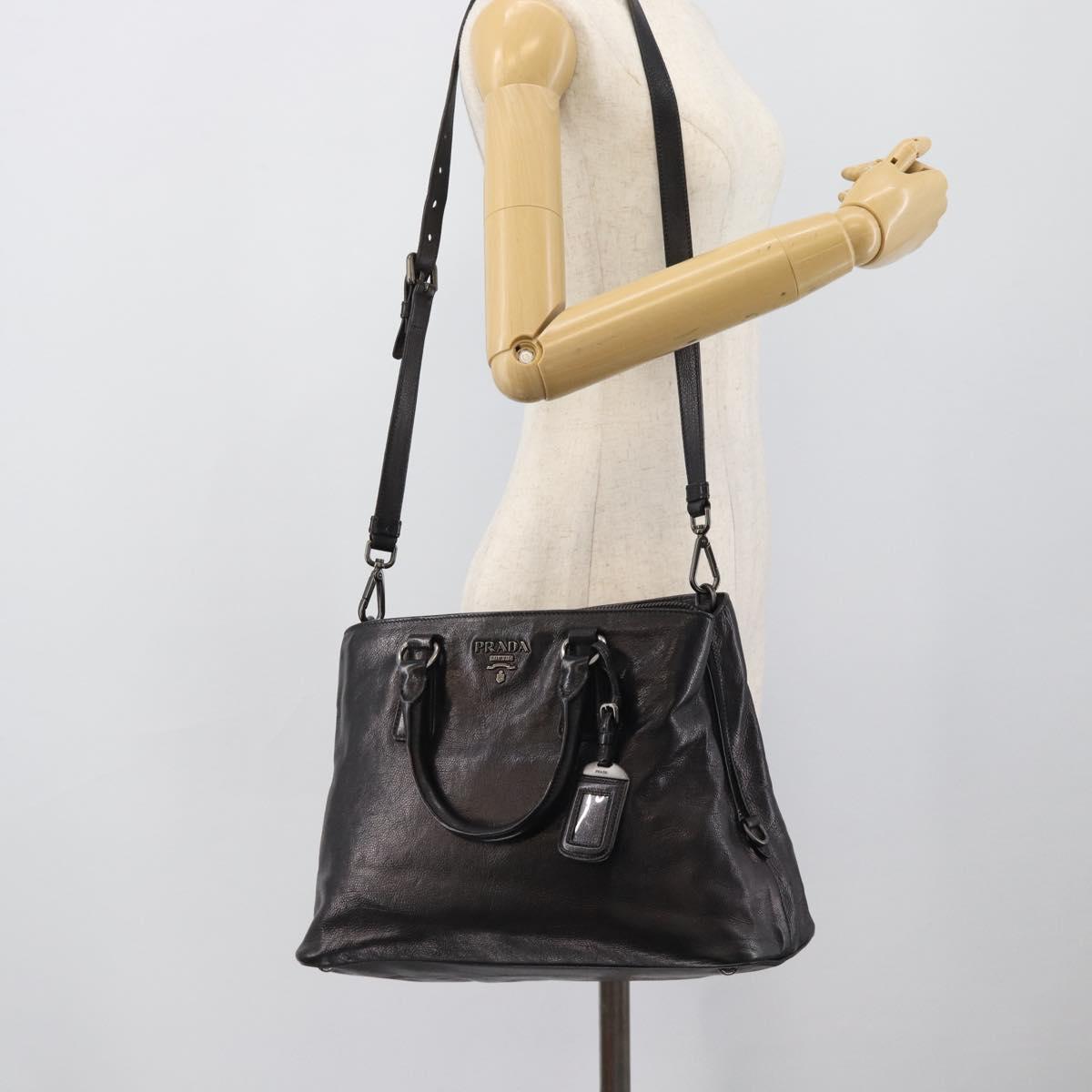 PRADA Hand Bag Vittero Dino Leather 2way Black Silver Auth 194854V