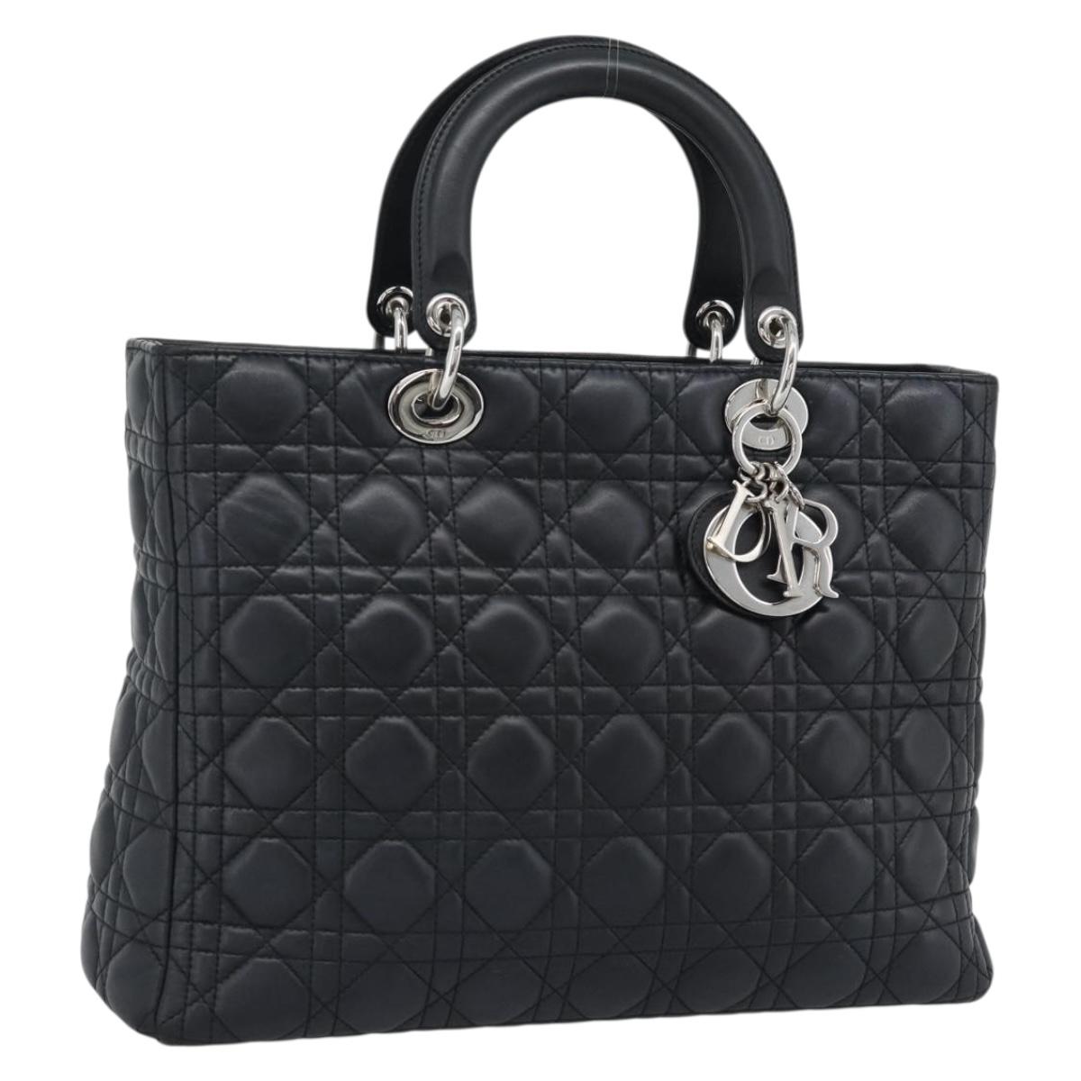 Christian Dior Lady Dior Canage Hand Bag Lamb Skin Black Silver Auth 194856V