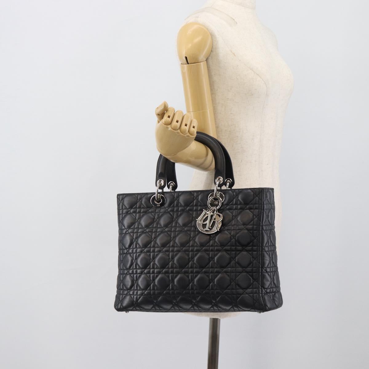 Christian Dior Lady Dior Canage Hand Bag Lamb Skin Black Silver Auth 194856V