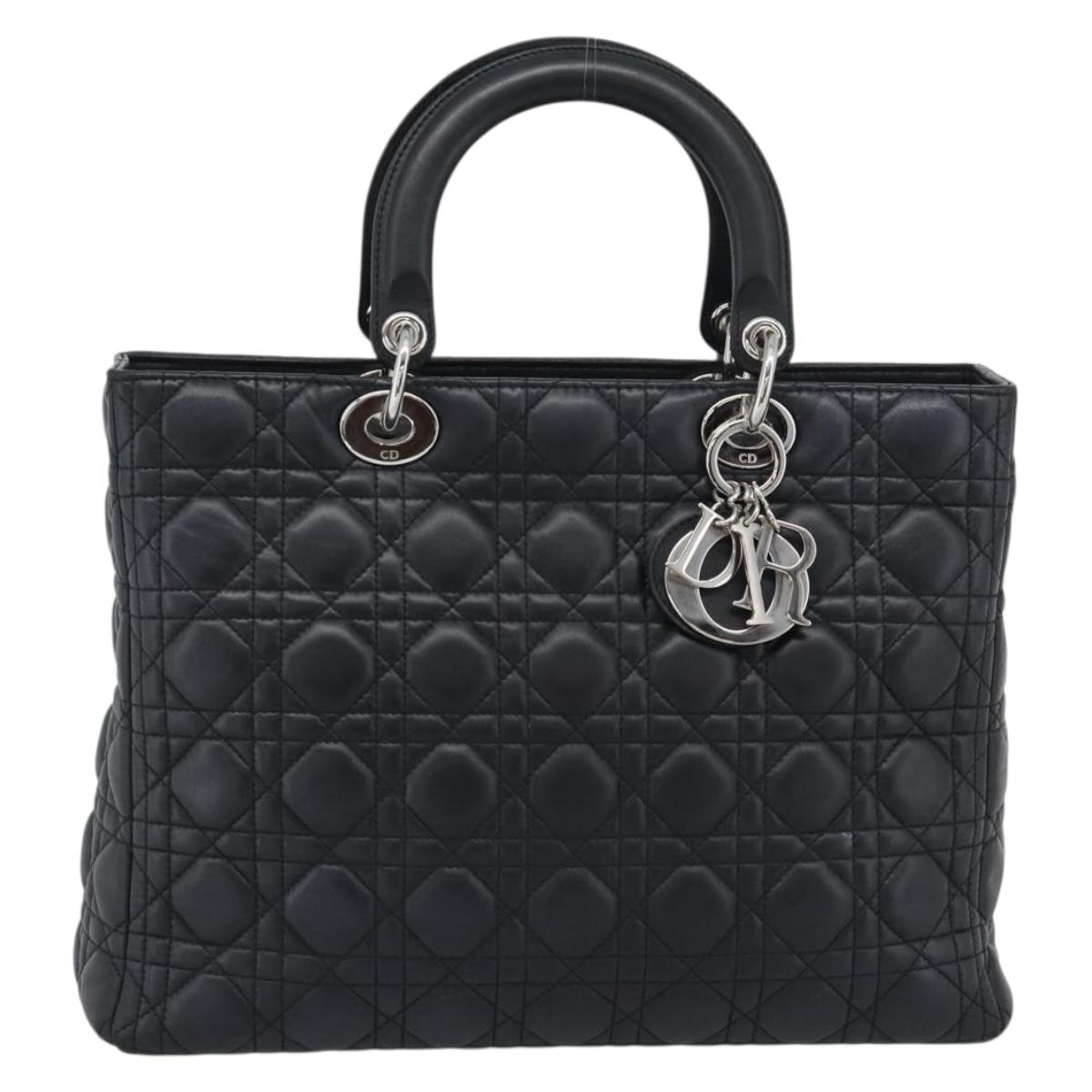 Christian Dior Lady Dior Canage Hand Bag Lamb Skin Black Silver Auth 194856V