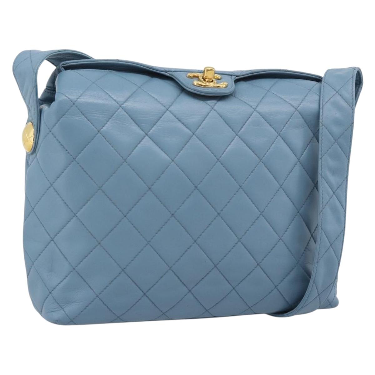 CHANEL Matelasse Shoulder Bag Lamb Skin Light Blue Gold CC Auth 194865A