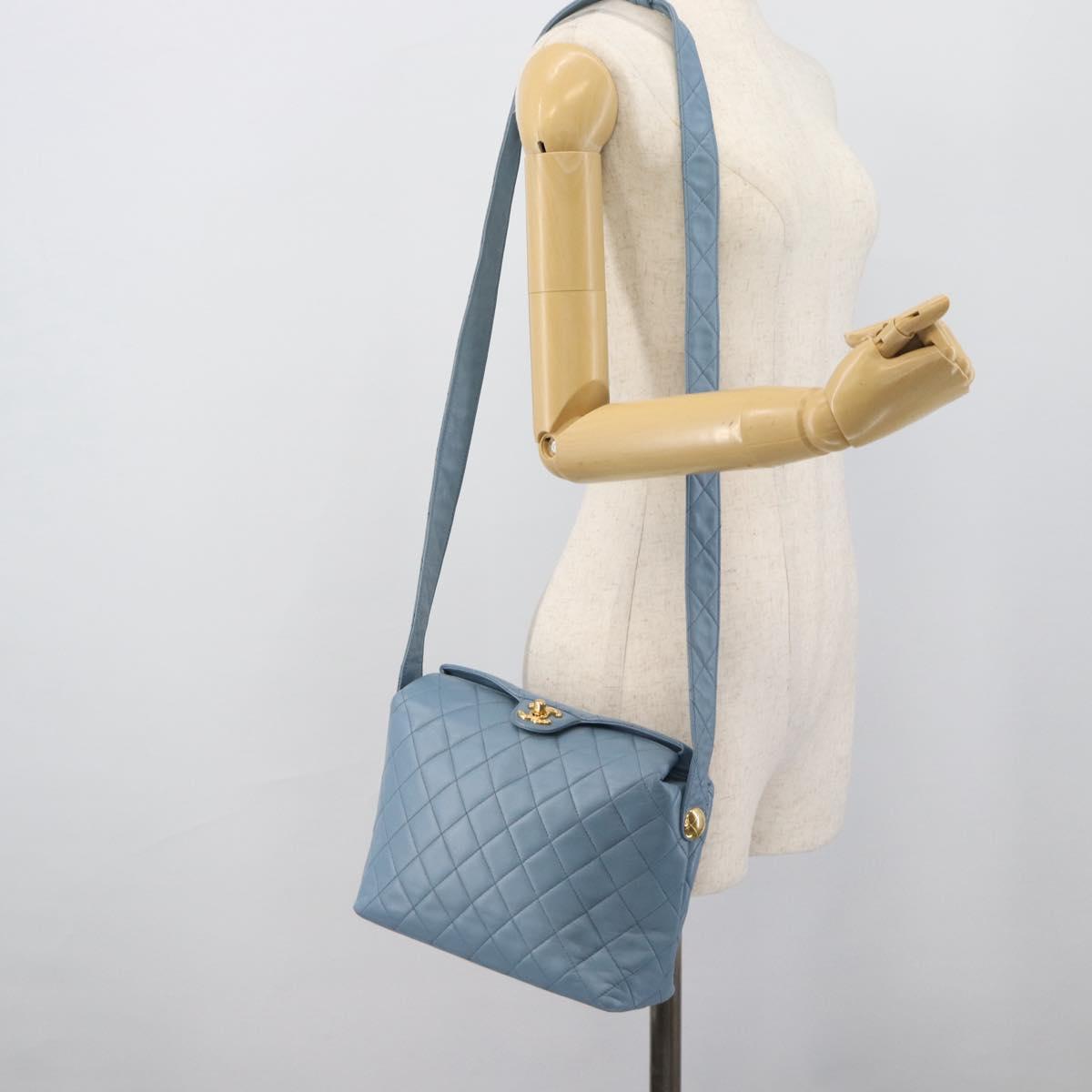 CHANEL Matelasse Shoulder Bag Lamb Skin Light Blue Gold CC Auth 194865A
