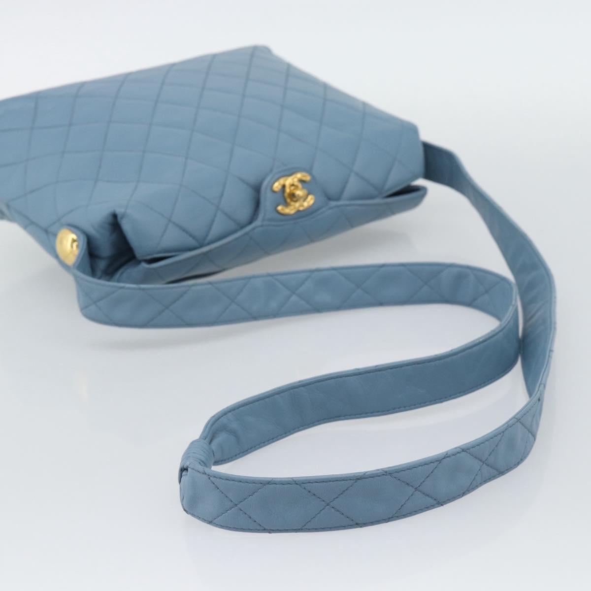 CHANEL Matelasse Shoulder Bag Lamb Skin Light Blue Gold CC Auth 194865A