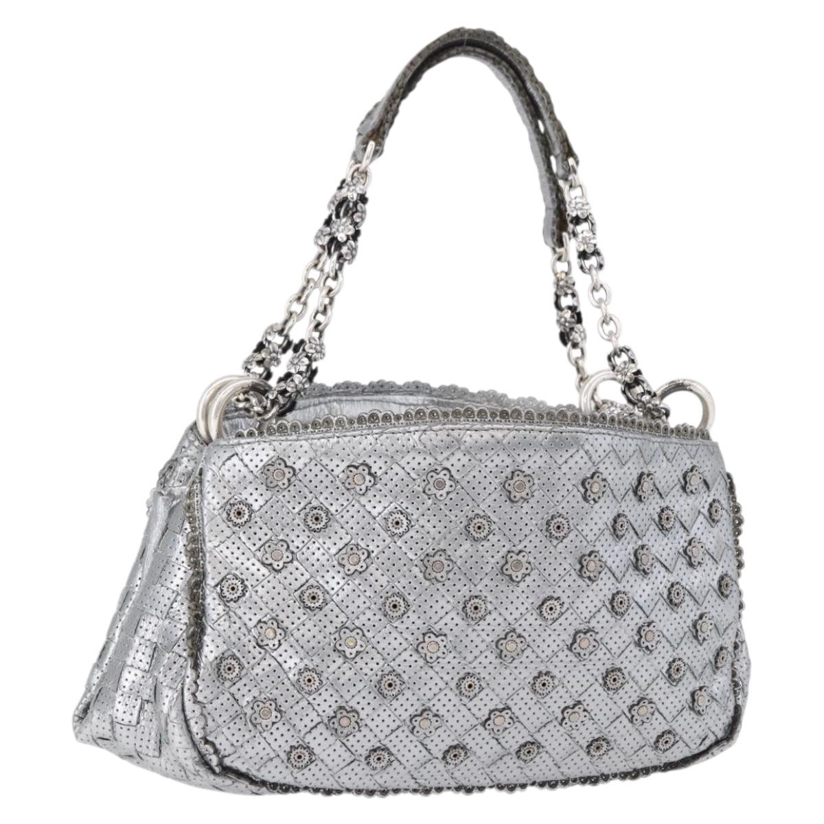 BOTTEGA VENETA INTRECCIATO Chain Shoulder Bag Leather Silver Auth 194867V