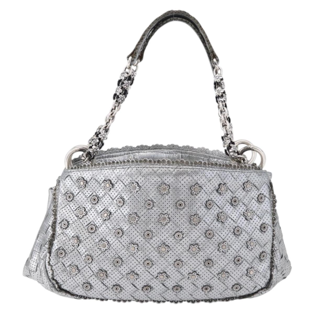 BOTTEGA VENETA INTRECCIATO Chain Shoulder Bag Leather Silver Auth 194867V