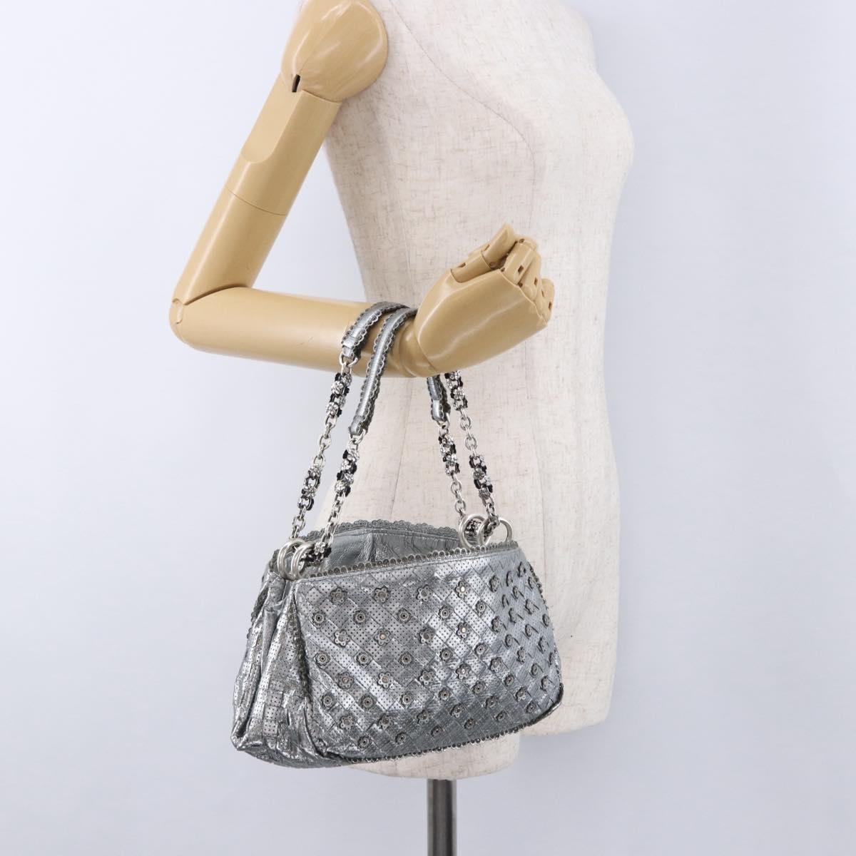 BOTTEGA VENETA INTRECCIATO Chain Shoulder Bag Leather Silver Auth 194867V