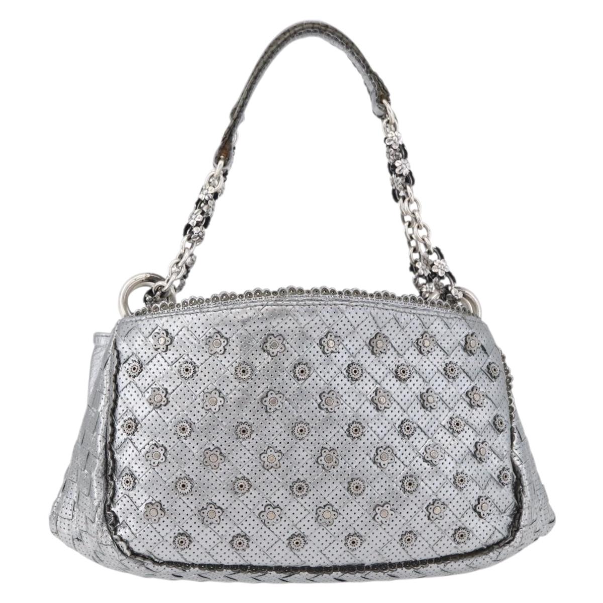 BOTTEGA VENETA INTRECCIATO Chain Shoulder Bag Leather Silver Auth 194867V