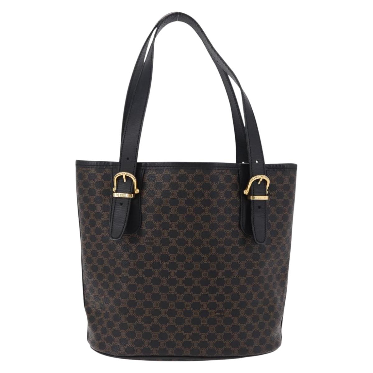 CELINE Macadam Canvas Tote Bag PVC Leather Black Gold Auth 194870V