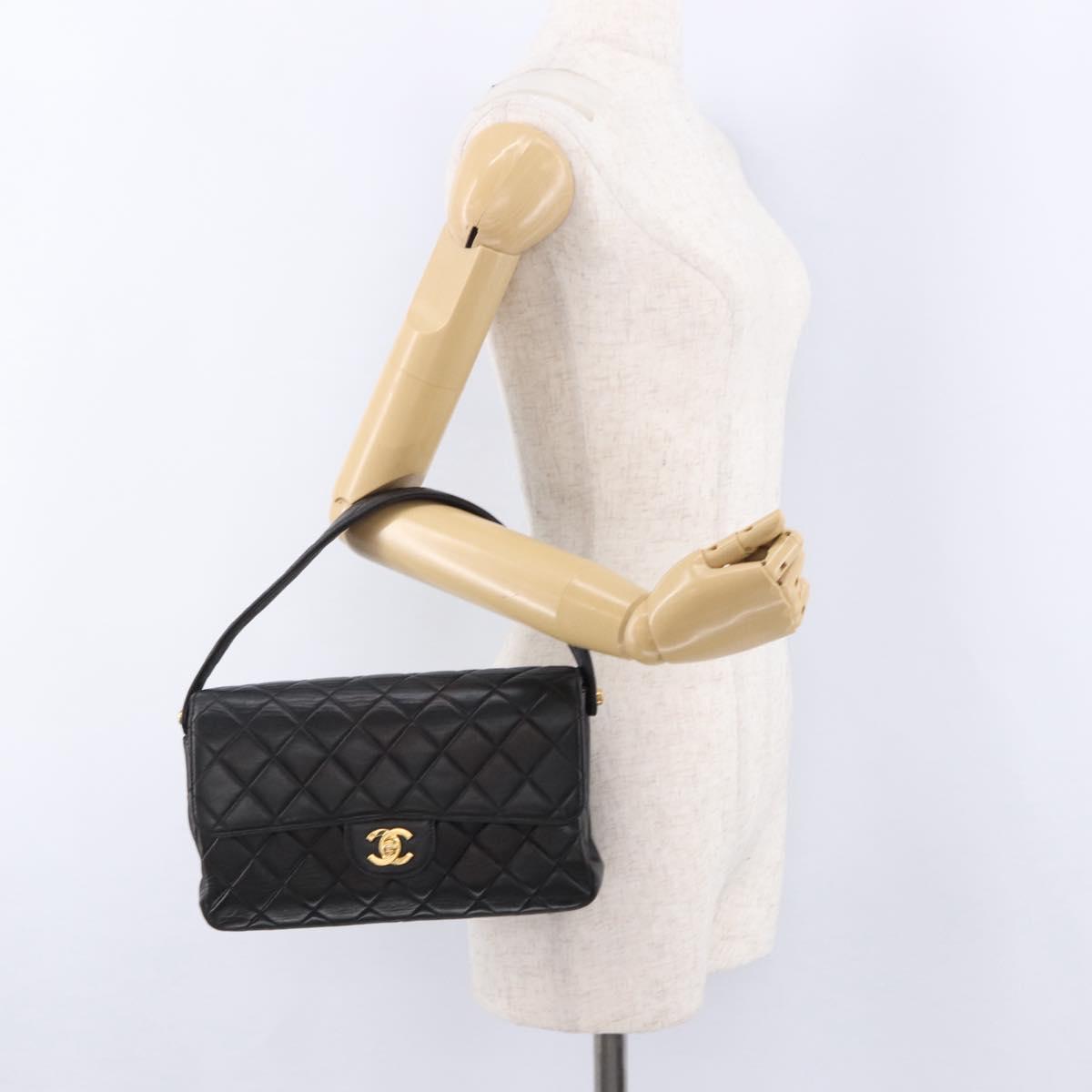 CHANEL Matelasse Double Face Hand Bag Lamb Skin Black Gold CC Auth 194872SAM