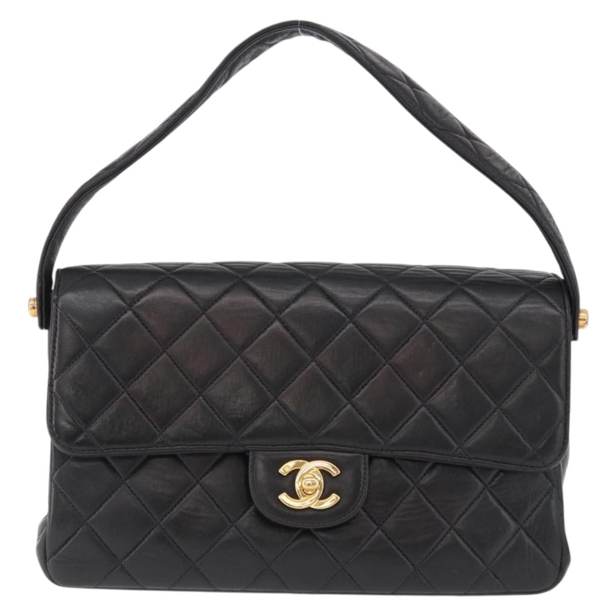 CHANEL Matelasse Double Face Hand Bag Lamb Skin Black Gold CC Auth 194872SAM
