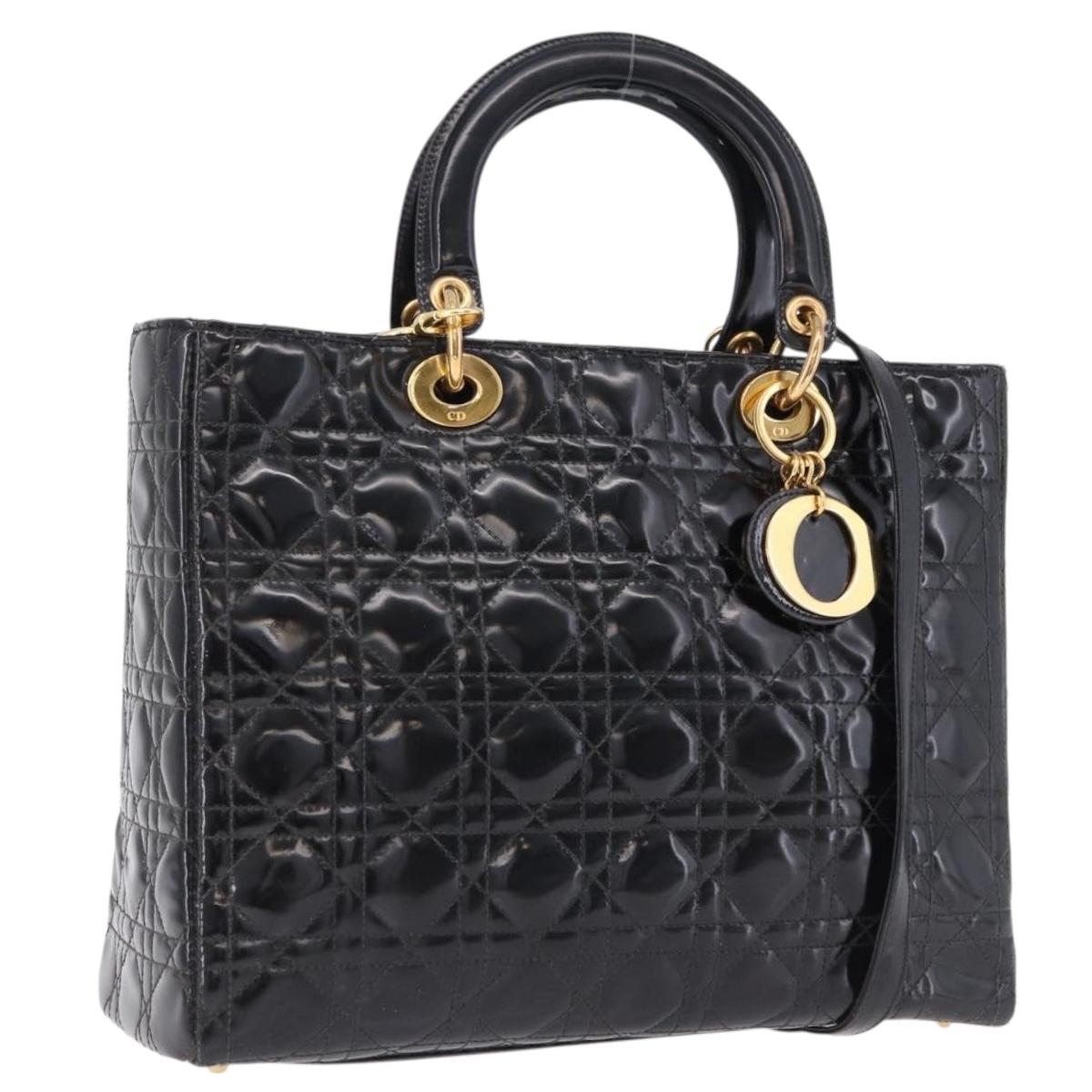 Christian Dior Lady Dior Canage Bag Patent Leather 2way Black Gold Auth 194882