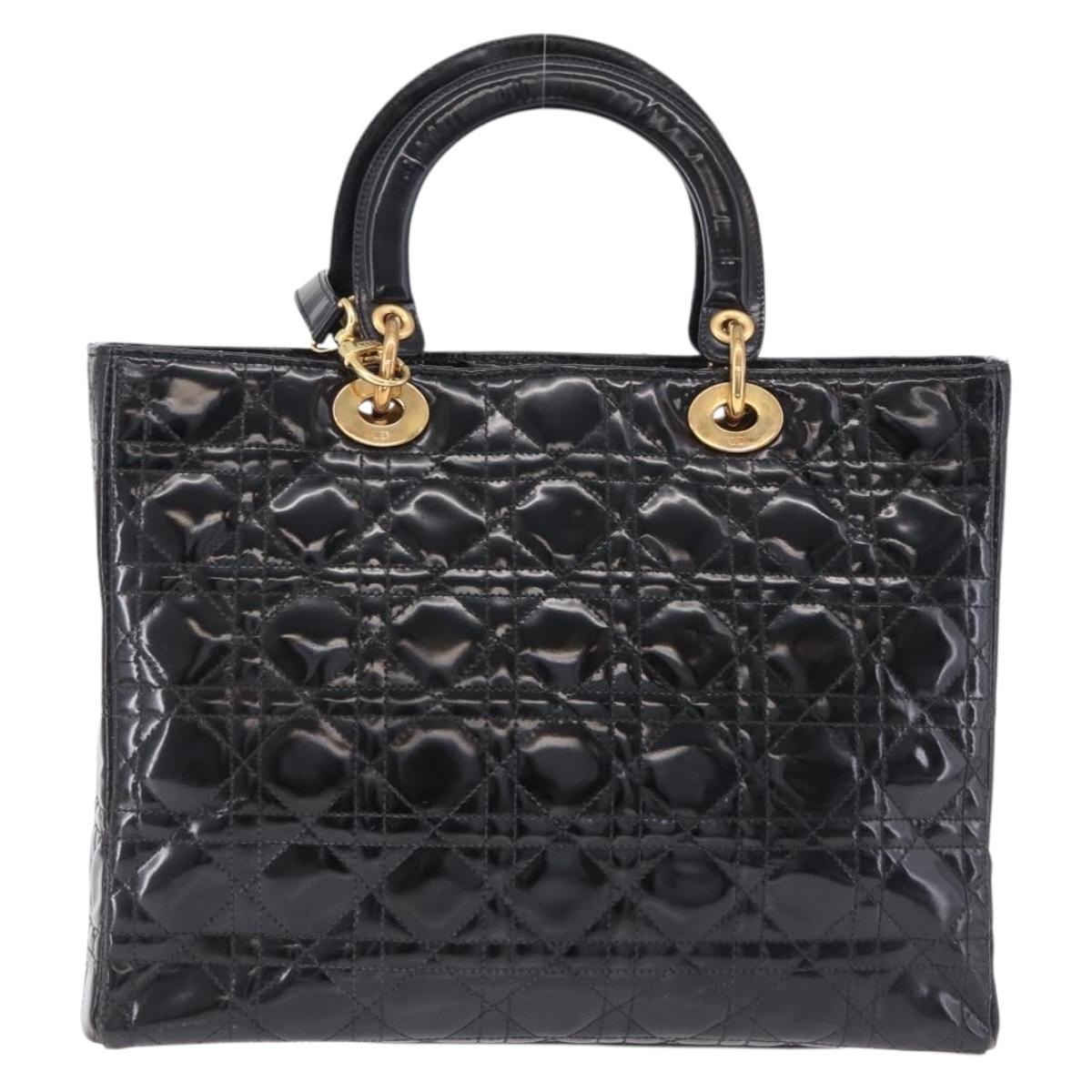 Christian Dior Lady Dior Canage Bag Patent Leather 2way Black Gold Auth 194882