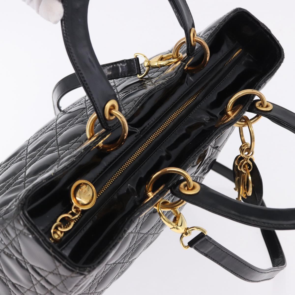 Christian Dior Lady Dior Canage Bag Patent Leather 2way Black Gold Auth 194882