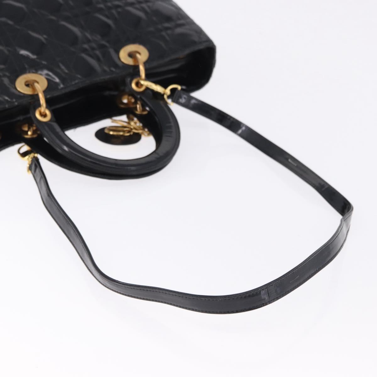 Christian Dior Lady Dior Canage Bag Patent Leather 2way Black Gold Auth 194882