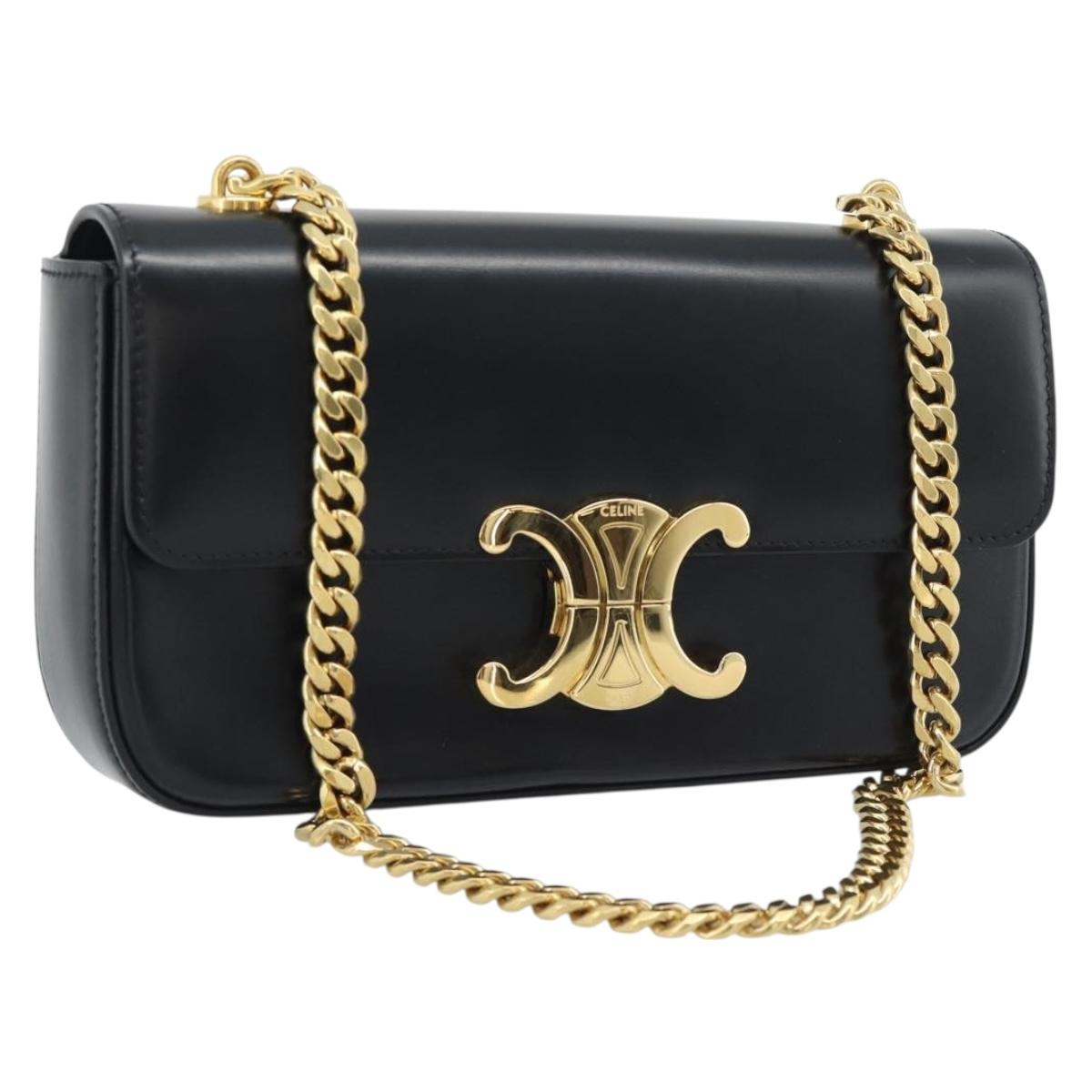 CELINE Triomphe Claude Chain Shoulder Bag Leather Black Gold Auth 194887SAM