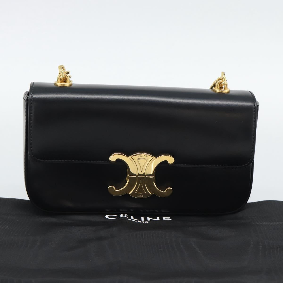 CELINE Triomphe Claude Chain Shoulder Bag Leather Black Gold Auth 194887SAM