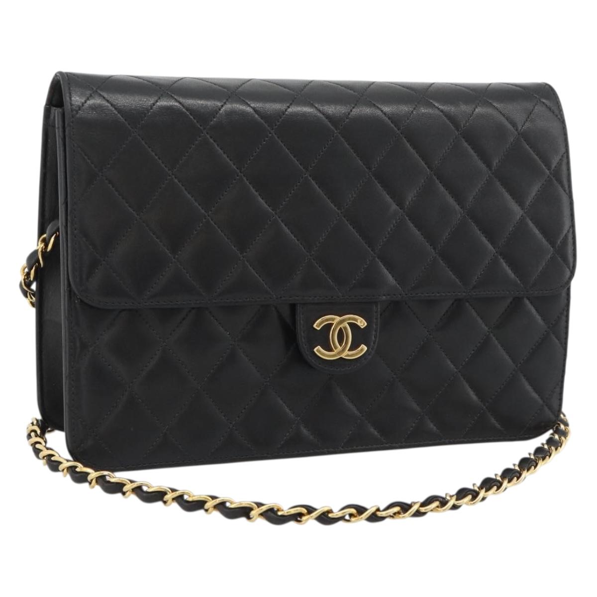 CHANEL Matelasse Chain Shoulder Bag Lamb Skin Black Gold CC Auth 194892SAV