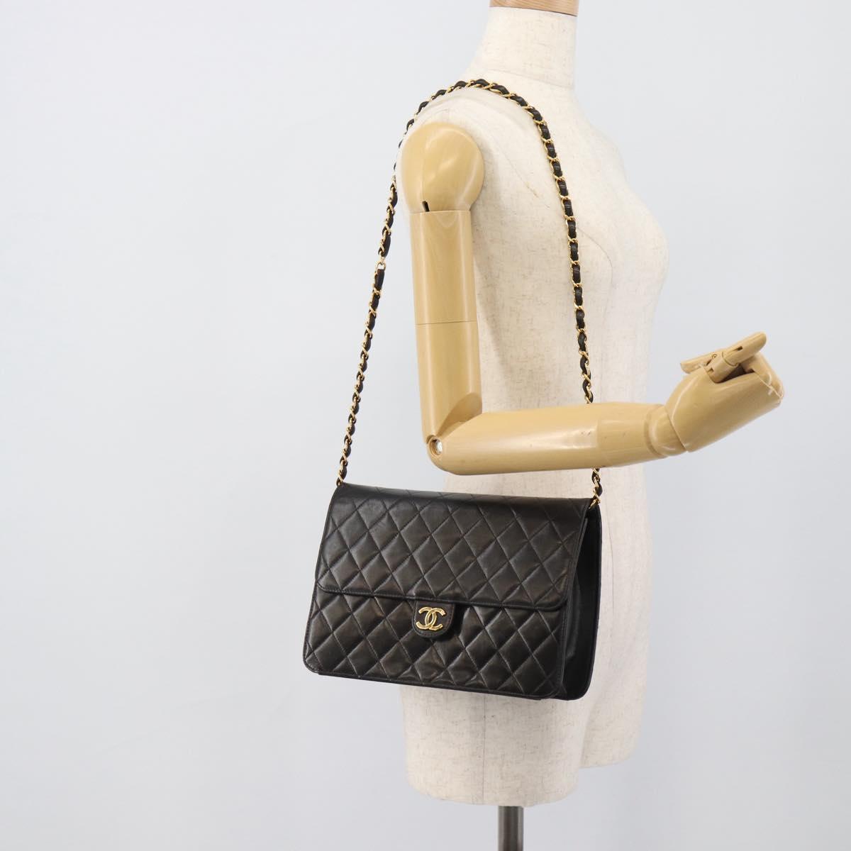 CHANEL Matelasse Chain Shoulder Bag Lamb Skin Black Gold CC Auth 194892SAV