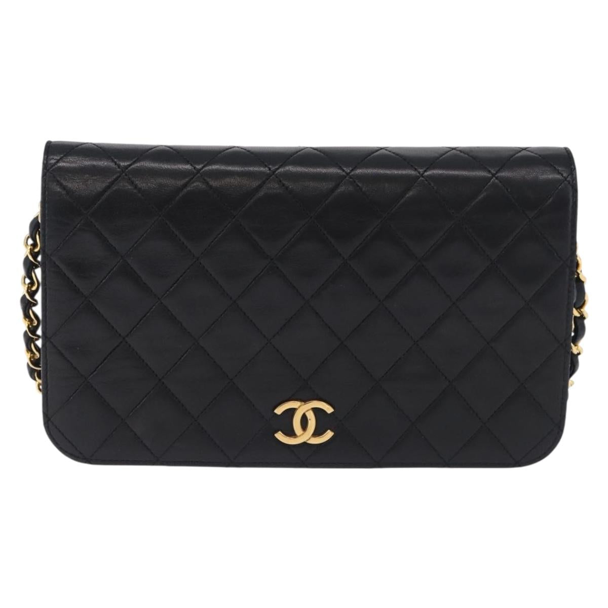 CHANEL Matelasse Chain Shoulder Bag Lamb Skin Black Gold CC Auth 194893